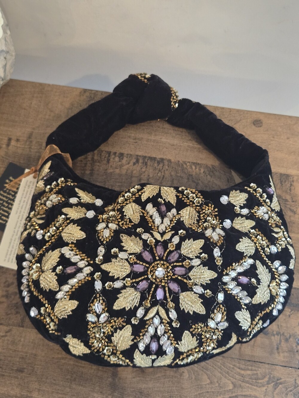 Made In India Ebellished Black and Gold Leaf Sequin Hand Bag Floral Beaded Bag